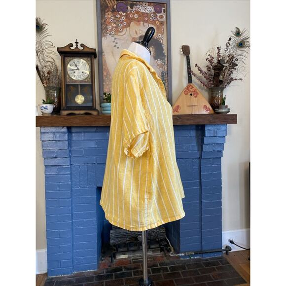 C & C California Top Womens XL 100% LINEN Off Yellow Stripe Button Up Shirt - Picture 4 of 12